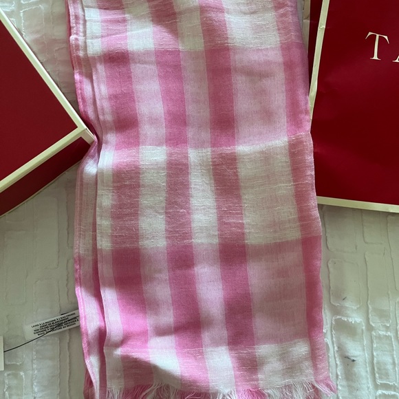 TALBOTS Oblong 100% Linen Pink/White Wrap/Scarf with Fringe - Picture 2 of 3
